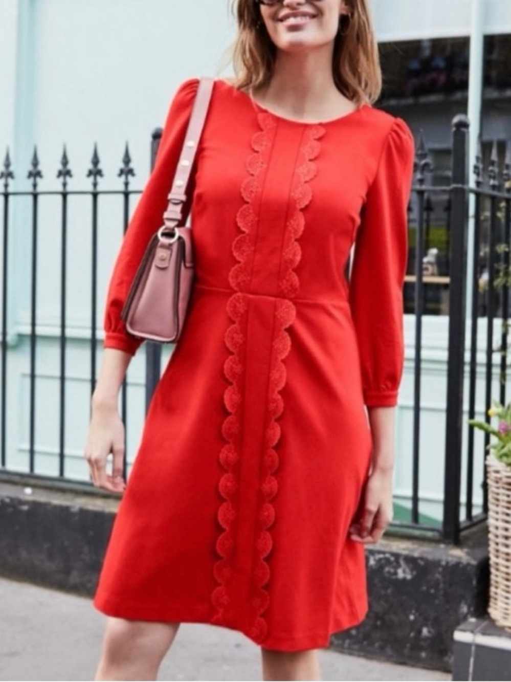 Boden red Alexandra Ponte scalloped detail puff long sleeve dress size US 4R